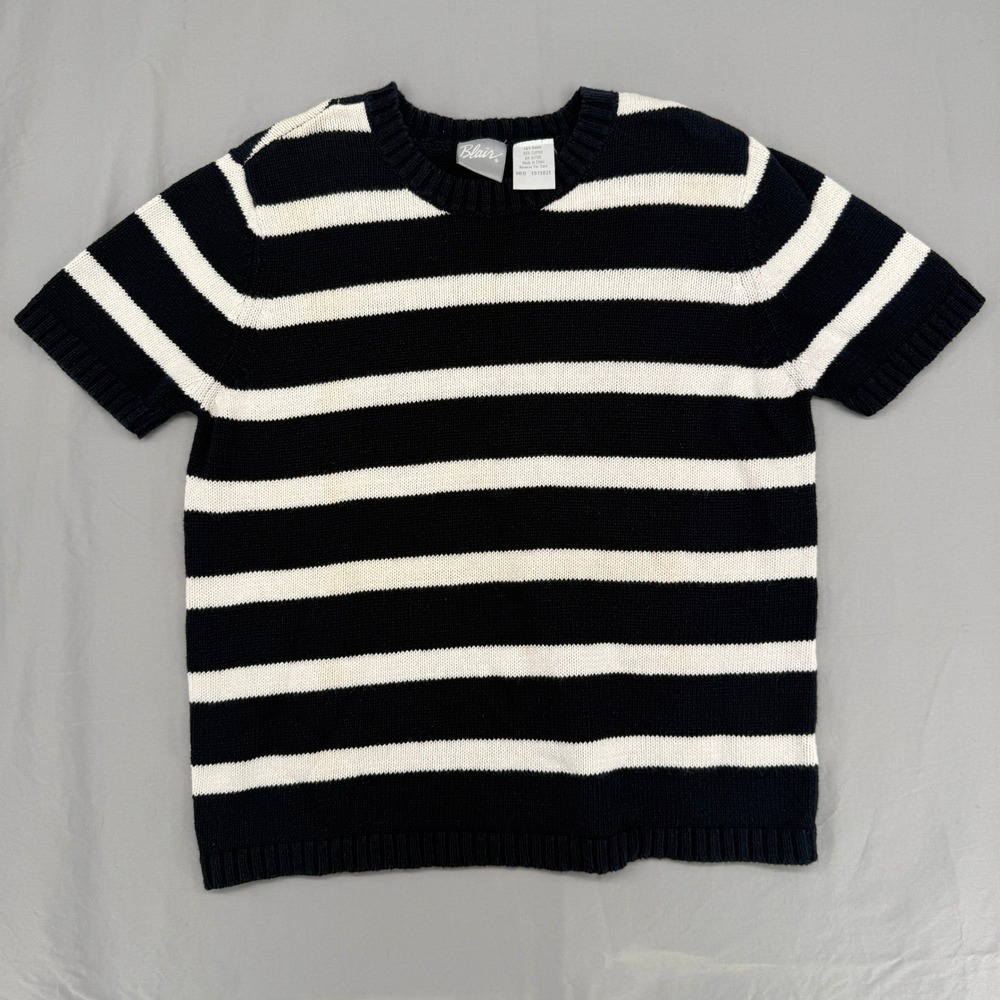 Blair Womens Medium Navy Blue White Striped Short Sleeve Ramie Cotton Sweater
